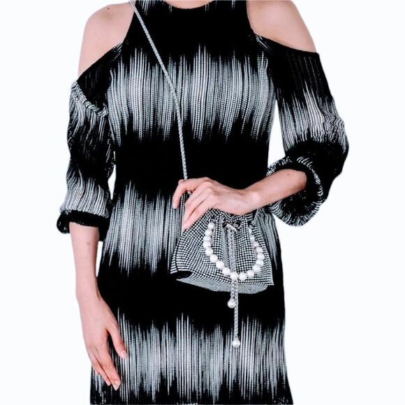 CITY CHIC  Black & Silver Ombre Mesh Knit Long Sleeve Cold Shoulder Shift Dress - Picture 1 of 15